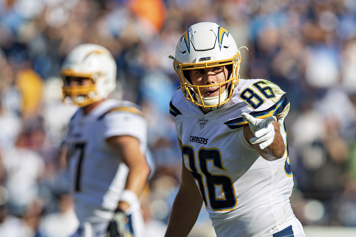 Hunter Henry of the Los Angeles Chargers points to the official during a game against the Tennessee Titans at Nissan Stadium on October 20, 2019 in Nashville, Tennessee.