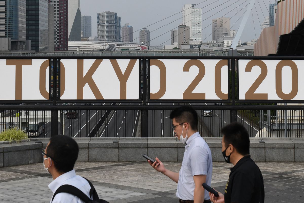 The logo of Tokyo 2020 is displayed near Odaiba Seaside Park in Tokyo on July 7, 2021, as reports said the Japanese government plans to impose a virus state of emergency in Tokyo during the Olympics. (Photo by Kazuhiro NOGI / AFP)