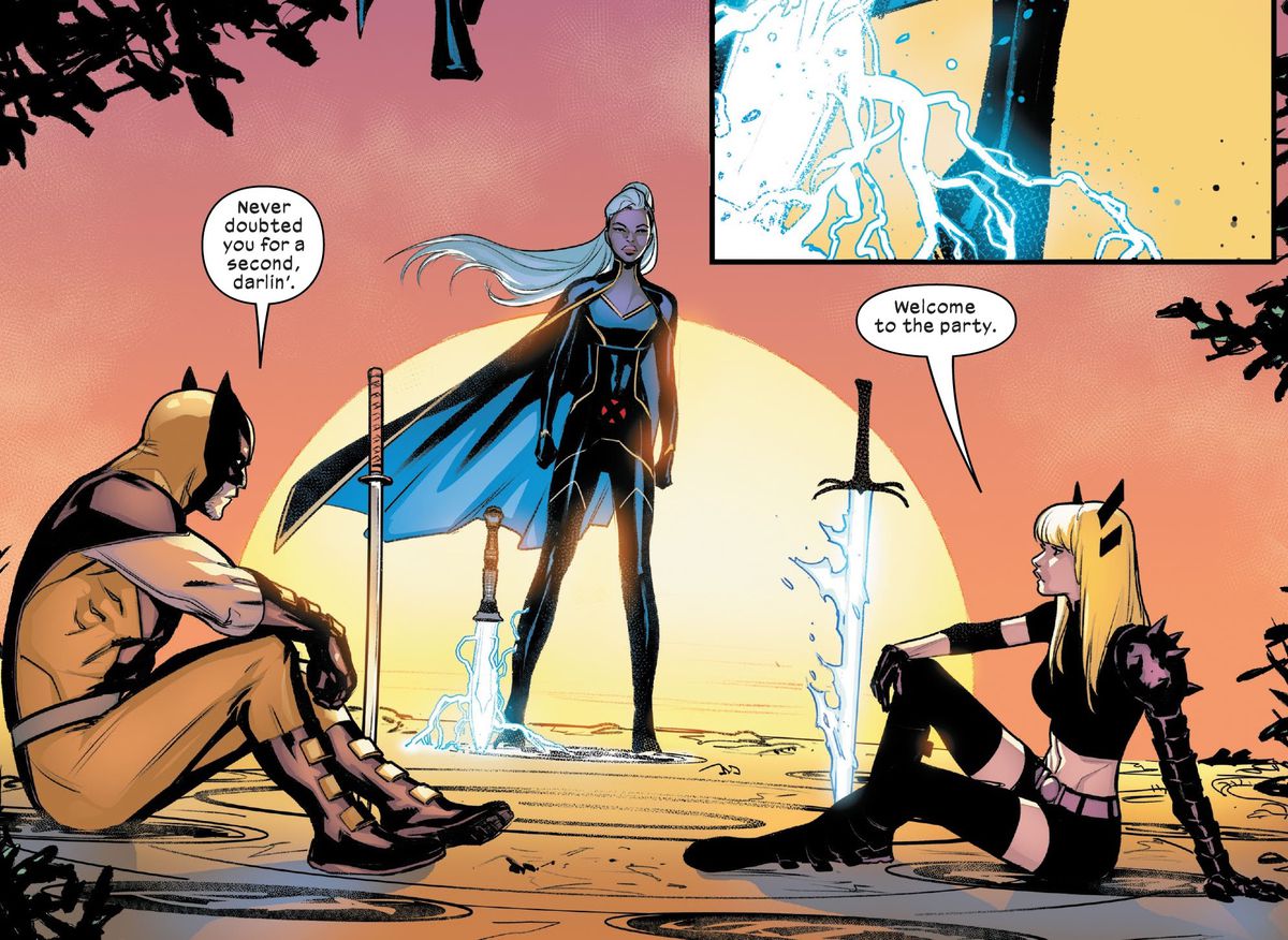 “Never doubted you for a second, darlin’,” Wolverine says, as storm plants her sword by the sword bearer’s dais in Krakoa, in Marauders #13, Marvel Comics (2020). 