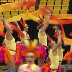 Members of the Carbon High School drill team perform in the show category during the 3A drill team state championships at the UVUU Center in Orem on Wednesday, Feb. 10, 2021.
