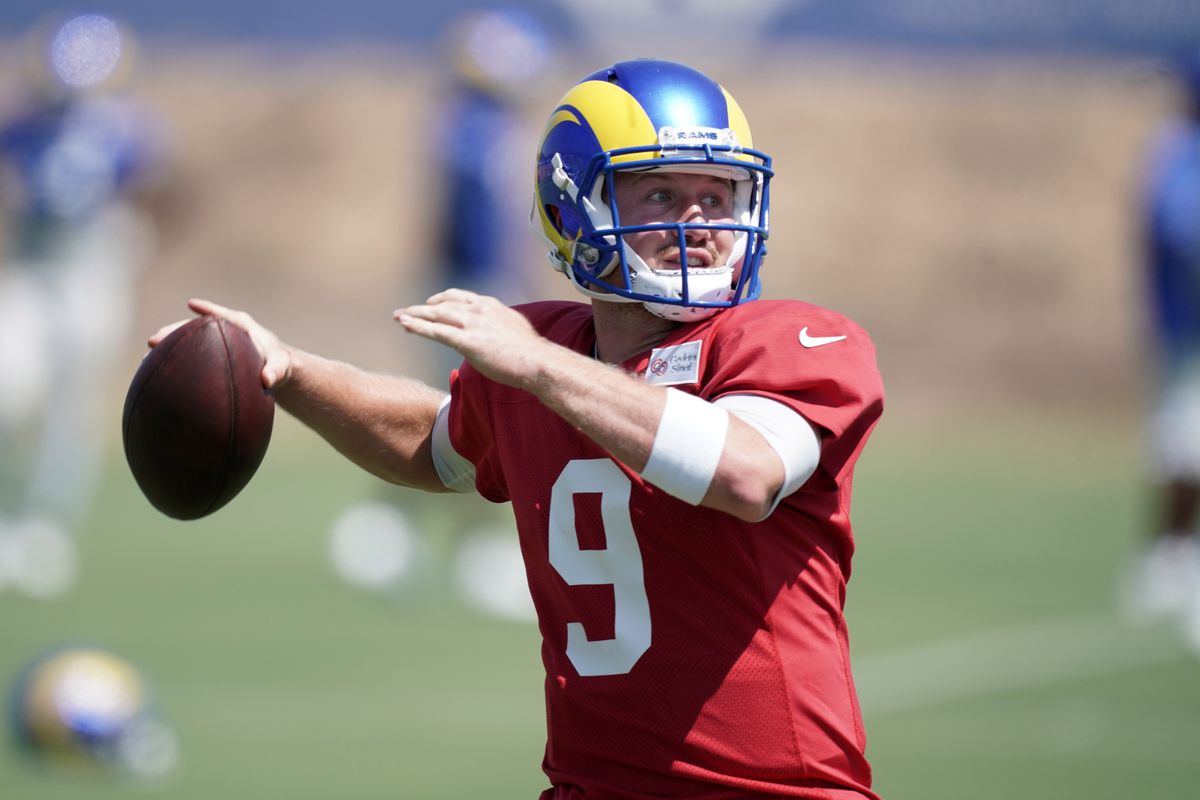 Los Angeles Rams quarterback John Wolford throws the ball during training camp at Cal Lutheran University.