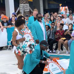 Mark Clayton unveils his place in the Miami Dolphins Walk of Fame on December 2, 2018 in a ceremony in the Joe Robbie Alumni Plaza at Hard Rock Stadium, Miami Gardens, Florida.