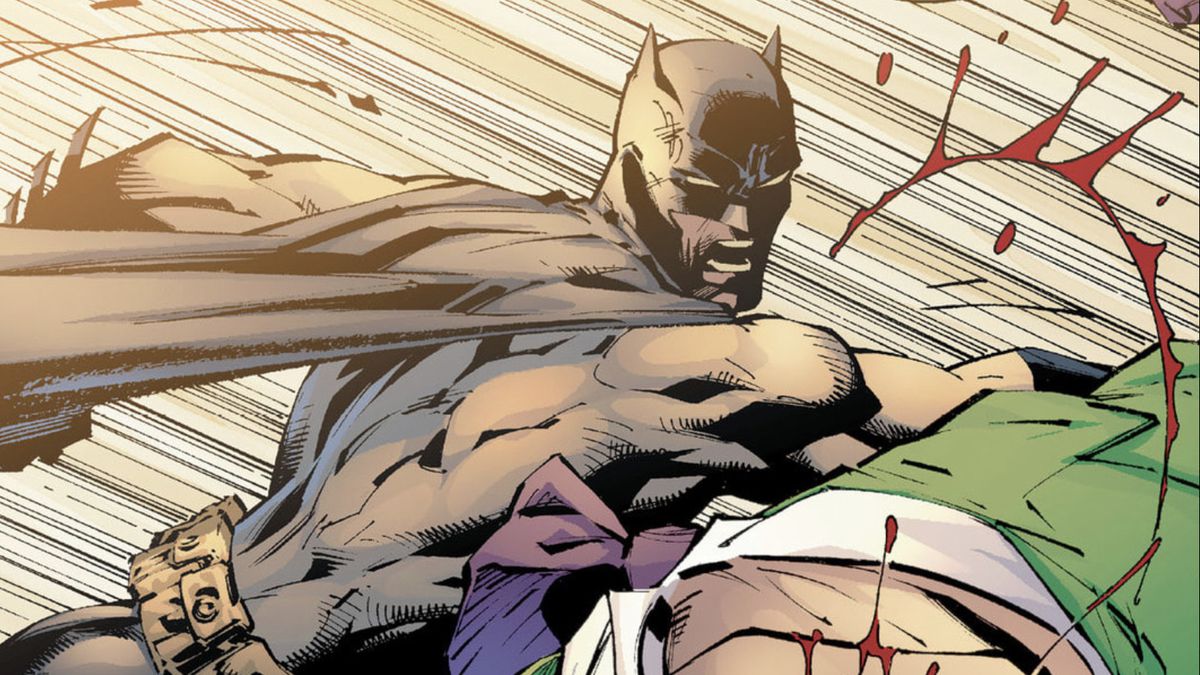 Batman punches the Riddler right good. Riddler flies towards the viewer in a panel from Batman: Hush. 