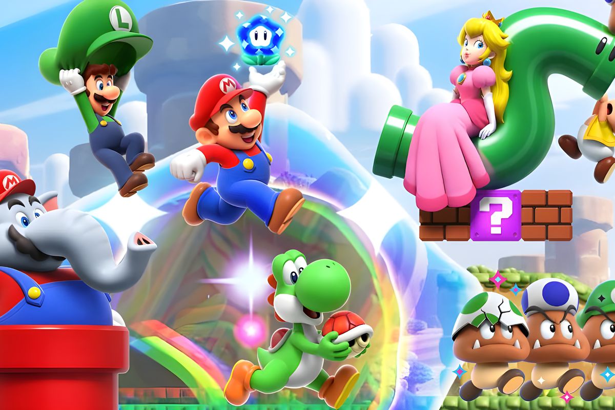 The cast of Super Mario Bros. Wonder runs through the Flower Kingdom