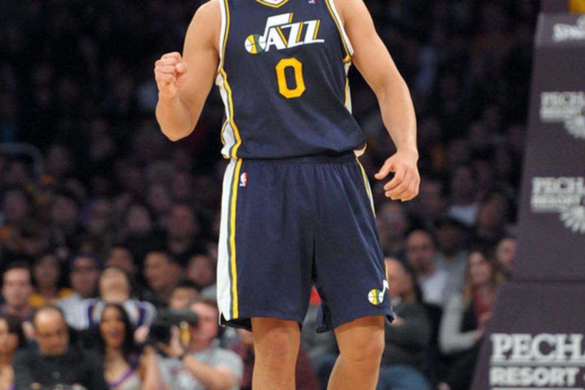 Mar 18, 2012; Los Angeles, CA, USA; Utah Jazz center Enes Kanter (0) reacts during the game against the Los Angeles Lakers at the Staples Center. The Jazz defeated the Lakers 103-99. Mandatory Credit: Kirby Lee/Image of Sport-US PRESSWIRE