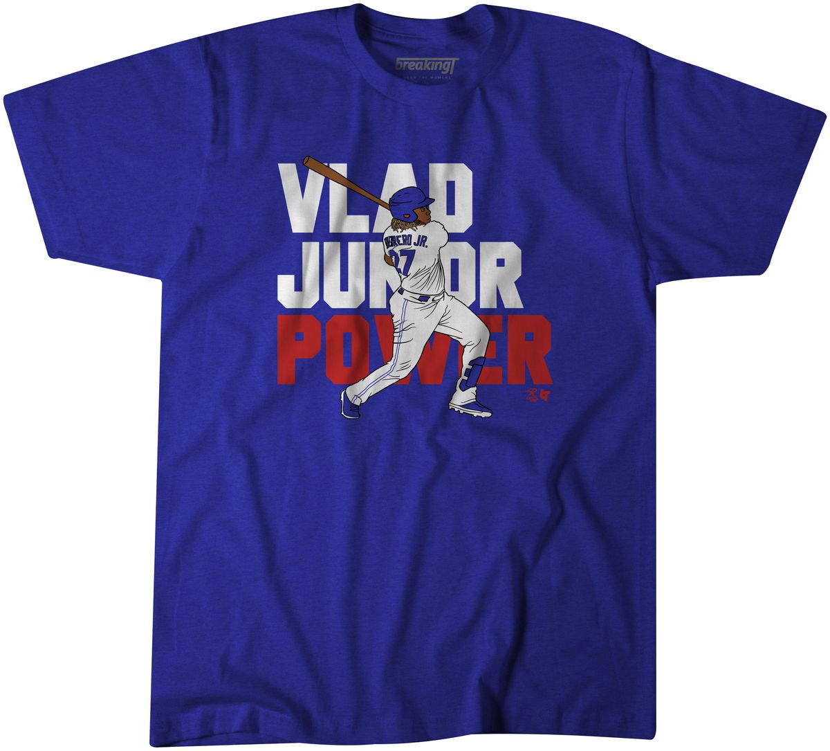 Illustration of Vladimir Guerrero Jr. swinging a bat in front of white and red text reading “Vlad Junior Power” on a Blue Jays blue t-shirt.