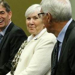 Former Utah Jazz great John Stockton, Jazz owner Gail Miller and Former Jazz Head Coach Jerry Sloan attend a press conference as the 1997 Western Conference Champions reunite on Wednesday, March 22, 2017.
