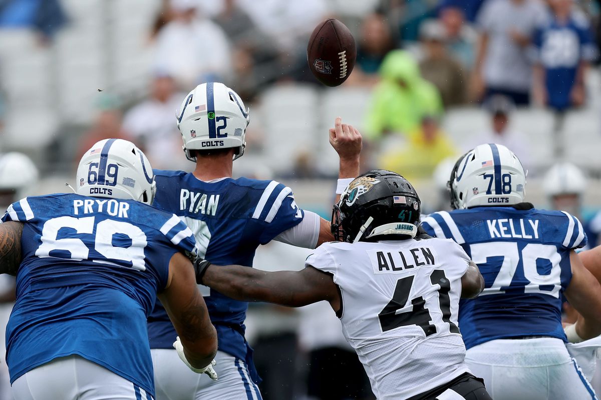 Josh Allen #41 of the Jacksonville Jaguars forces a fumble against Matt Ryan #2 of the Indianapolis Colts in the second quarter at TIAA Bank Field on September 18, 2022 in Jacksonville, Florida.