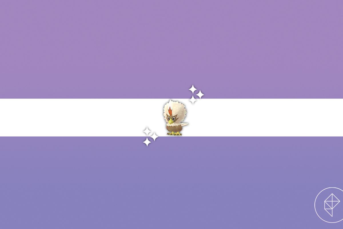 Shiny Rufflet in Pokémon Go on a purple shiny background.