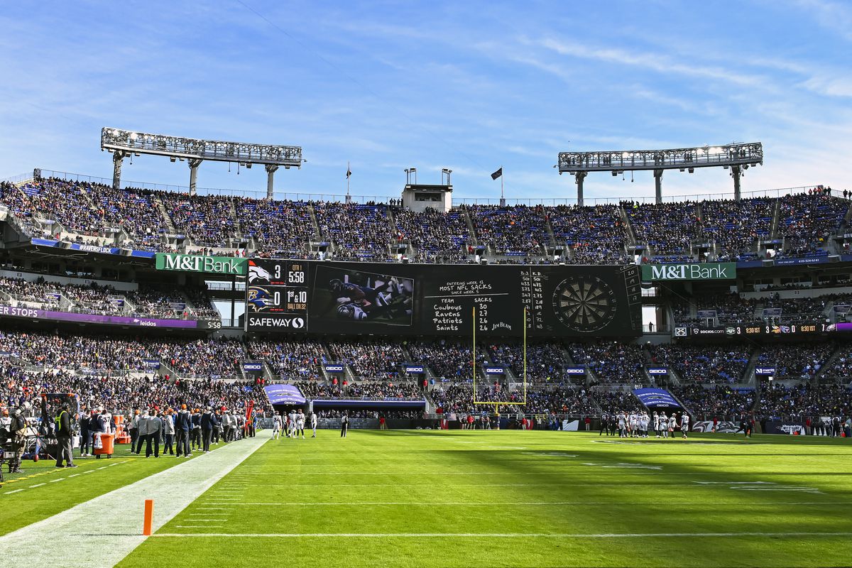A general view of a less than full M&amp;T Bank Stadium in Baltimore, MD. during the Denver Broncos game versus the Baltimore Ravens on December 4, 2022.