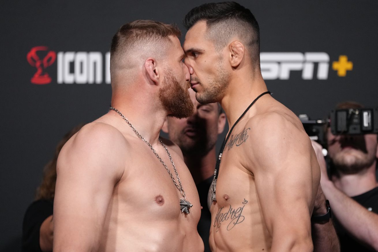 Jan Blachowicz and Aleksandar Rakic face off at the UFC Vegas 54 weigh-ins.