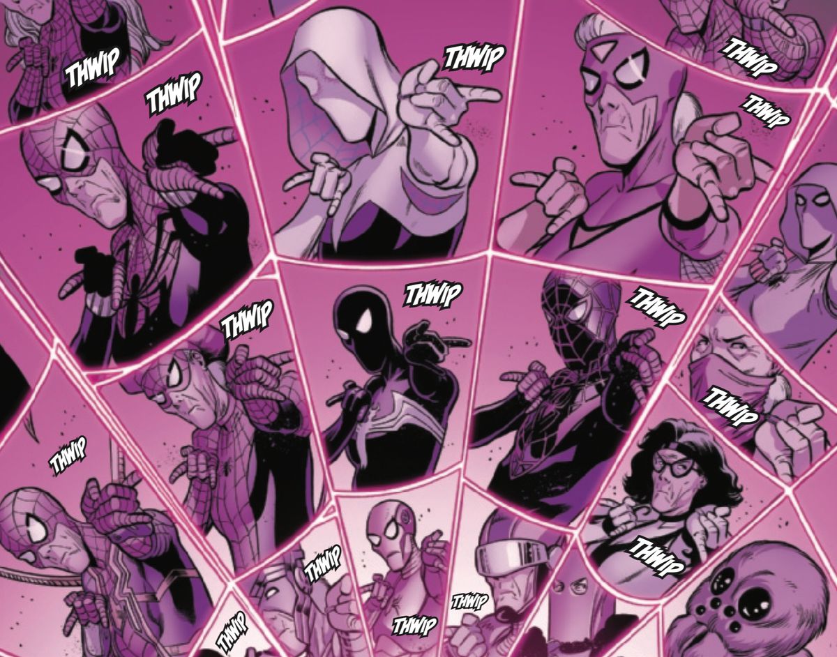 A web of different Spider-Ma’ams throughout the Marvel Multiverse, in Spider-Verse #2, Marvel Comics (2019). 