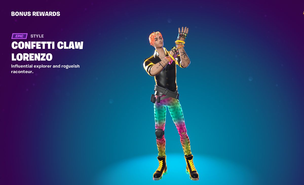 Lorenzo from Fortnite in a shiny black outfit with rainbow cheetah accents