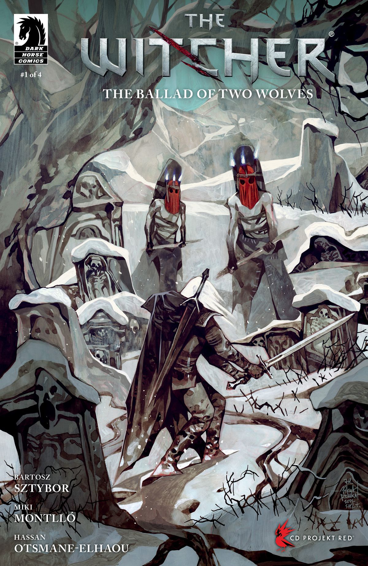 Geralt stands in a cemetery and faces off against two red-hooded enemies on the cover of The Witcher: The Ballad of Two Wolves #1. 