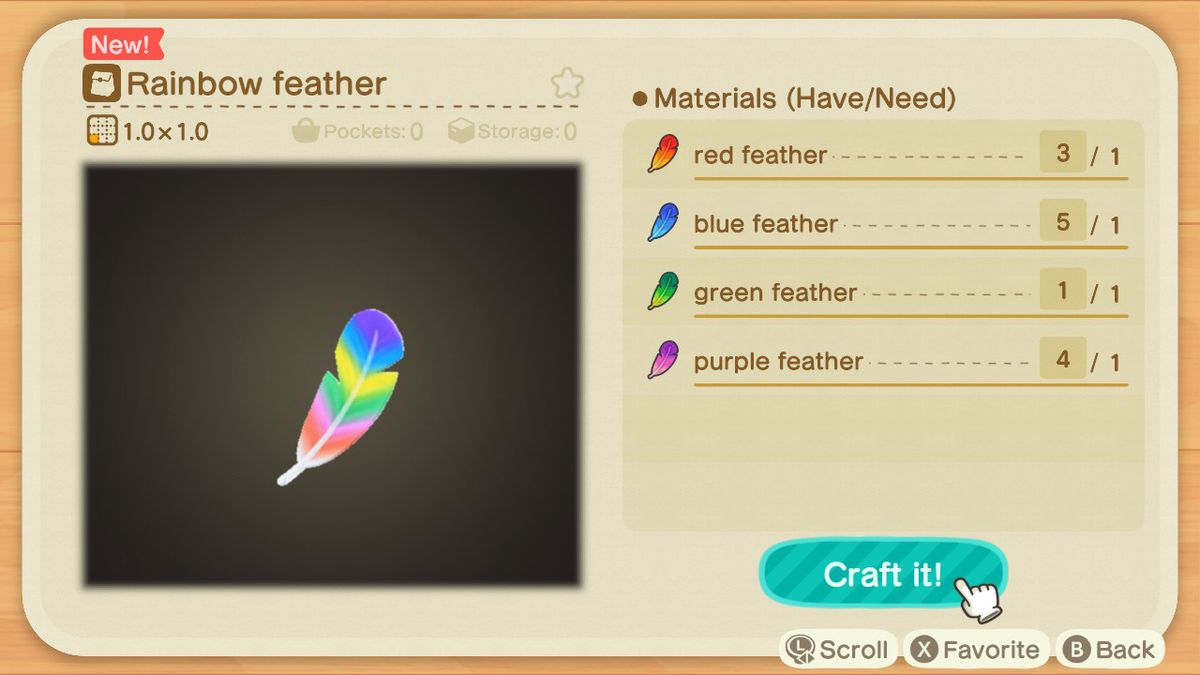 An Animal Crossing recipe for a Rainbow Feather