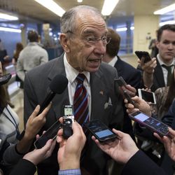 Senate Judiciary Committee Chairman Chuck Grassley, R-Iowa, takes questions from reporters at the Capitol in Washington, Tuesday, Feb. 27, 2018, as Congress gets back to work following the Parkland, Fla., school assault that left 17 dead. (AP Photo/J. Scott Applewhite)