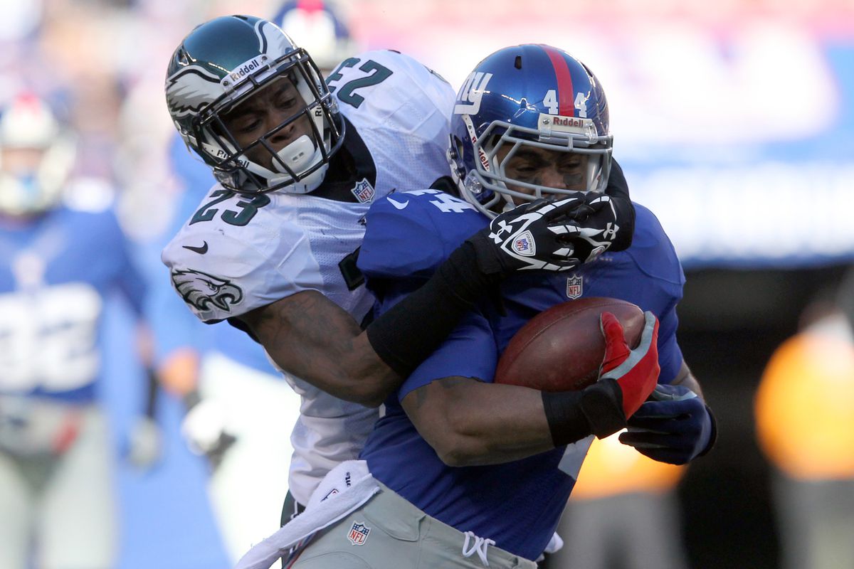 Dominique Rodgers-Cromartie tackles Ahmad Bradshaw while playing for the Eagles