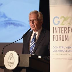 Elder D. Todd Christofferson member of Twelve Apostles of The Church of Jesus Christ of Latter-day Saints  talks at the G20 Interfaith Forum in Buenos Aires, Argentina,  Sunday, Sep 26, 2018. (AP Photo/Gustavo Garello)
