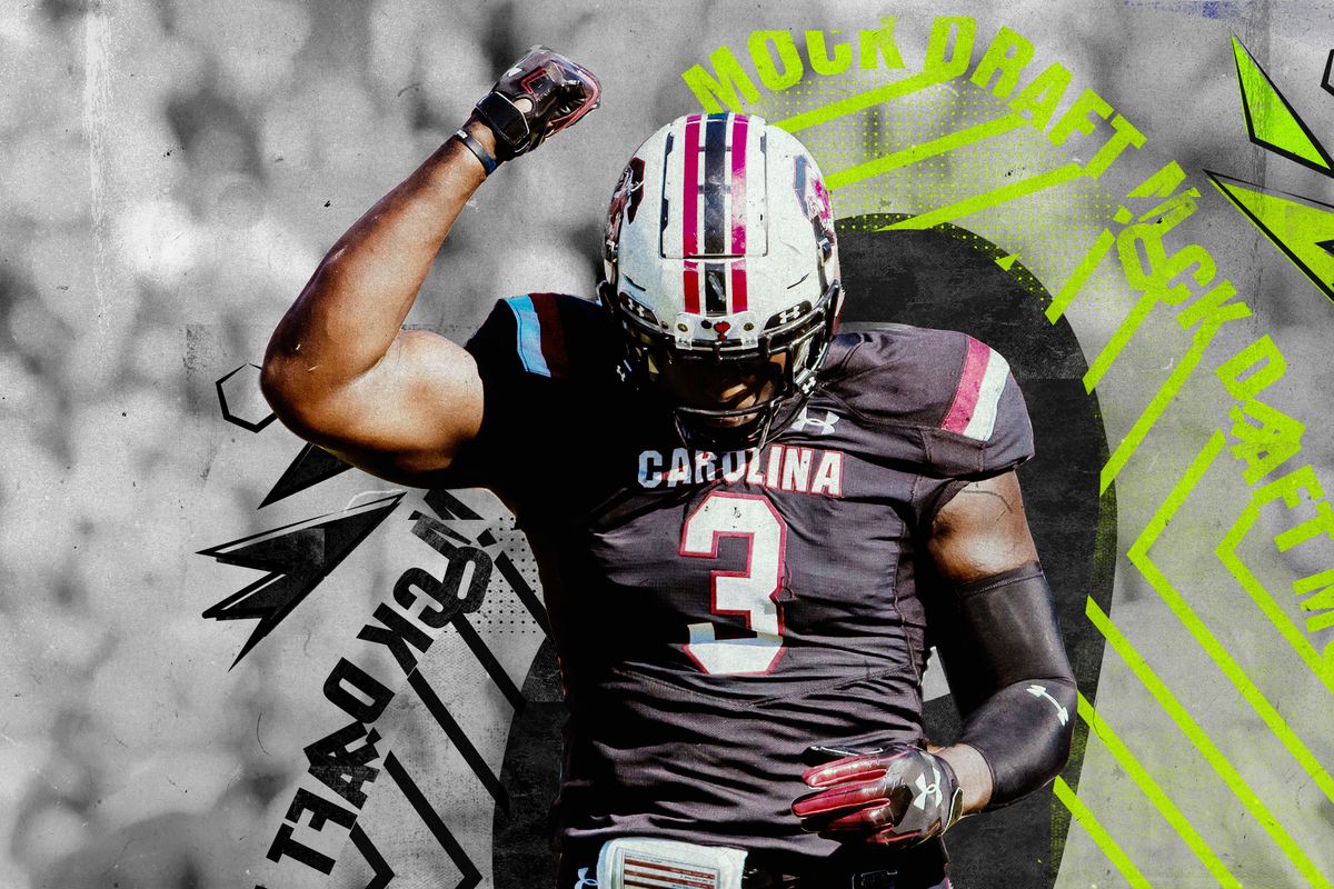 NFL Draft prospect Javon Kinlaw (South Carolina) bows his head and holds up his right arm, superimposed on a gray background with yellow and black lines and the words “MOCK DRAFT”