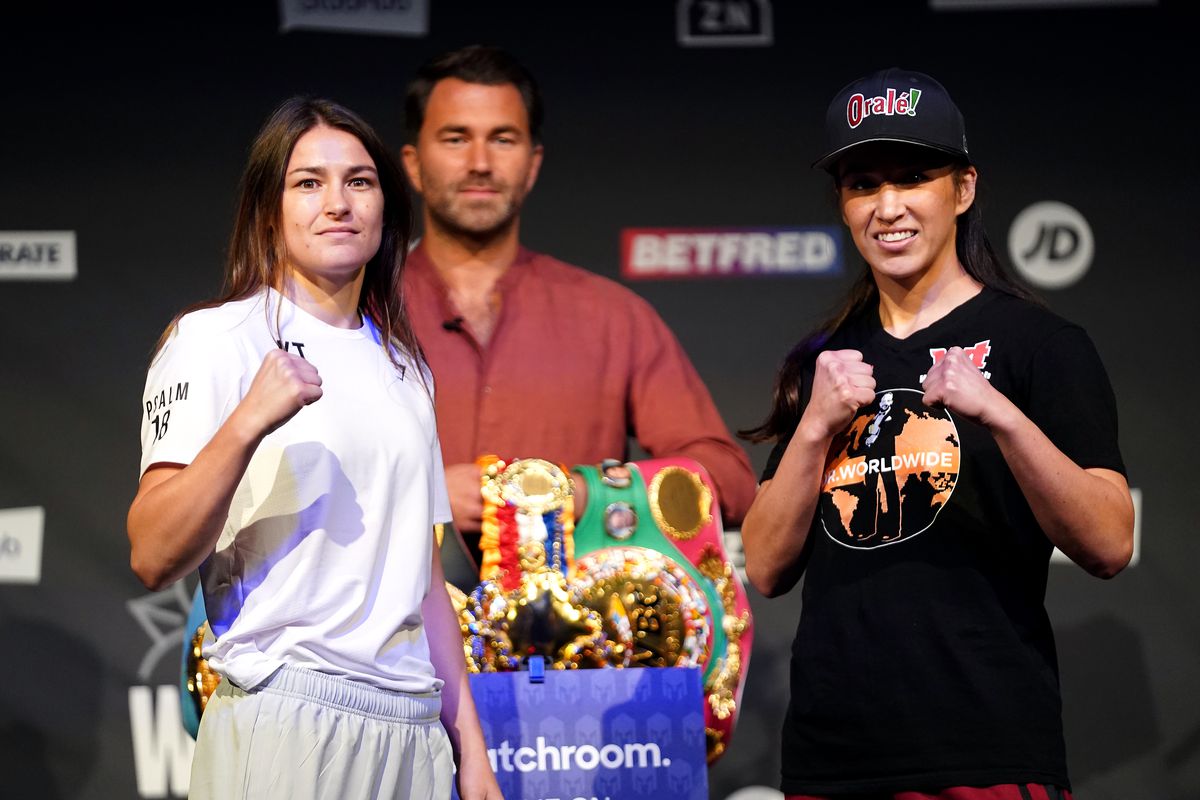 Katie Taylor (left) and Jennifer Han during the weigh-in at the New Dock Hall, Leeds.