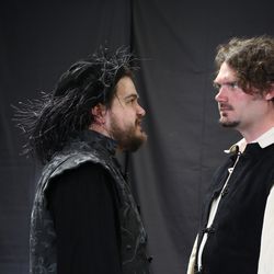 Cody Eckman, right as Robert Poley and Adam Argyle as Christopher Marlowe. The two butt wills in Frances Smeath's new play "Shaking the Earth."