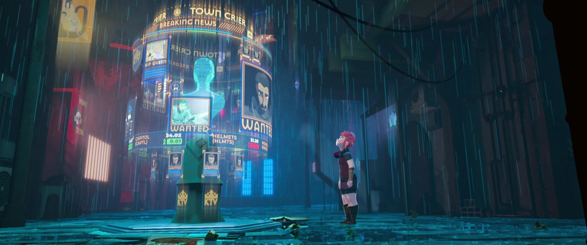 Nimona, a short girl with red hair, stands on a rainy, deserted street and looks at a circular holographic display showing a variety of “Wanted”  posters accusing the knight Ballister Boldheart of murder in the animated Netflix movie Nimona