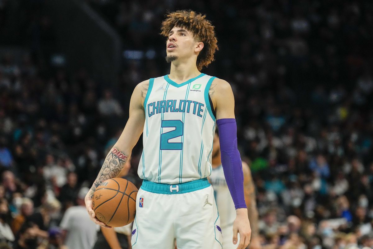Charlotte Hornets guard LaMelo Ball (2) looks to the basket shooting a technical against the Toronto Raptors during the second half at the Spectrum Center.