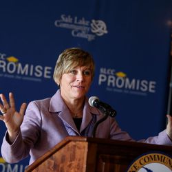 Salt Lake Community College President Deneece G. Huftalin outlines an institutional initiative aimed at fundamentally changing higher education opportunities for residents in the Salt Lake Valley during an event at the Capitol in Salt Lake City on Thursday, March 3, 2016. SLCC Promise will help eligible, full-time students pay for their education by covering the cost of tuition and fees when federal grants fall short.
