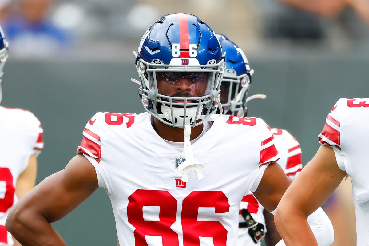New York Giants wide receiver Darius Slayton (86) prior to the National Football League game between the New York Jets and the New York Giants on August 28, 2022 at MetLife Stadium in East Rutherford, New Jersey.