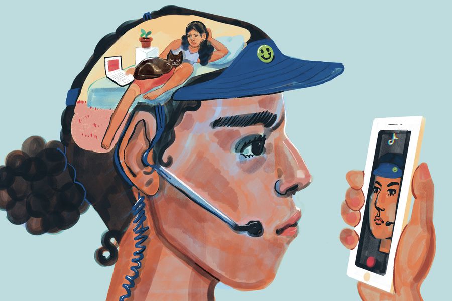 An illustration of a woman, holding a cell phone up to her face while wearing a work hat with microphone headset. We see in her head that she’s thinking about being at home on her couch with her cat and computer.