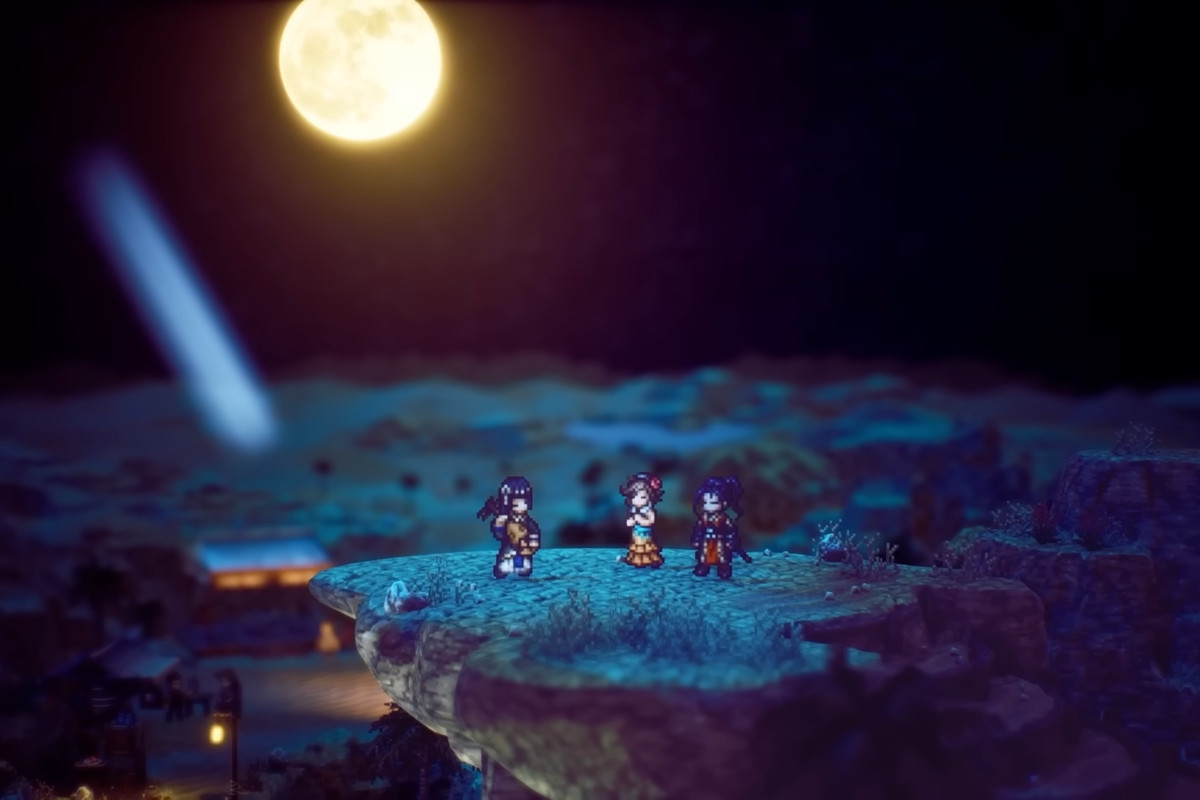 Agnea and Hikari listen to a musician in the moonlight in Octopath Traveler 2