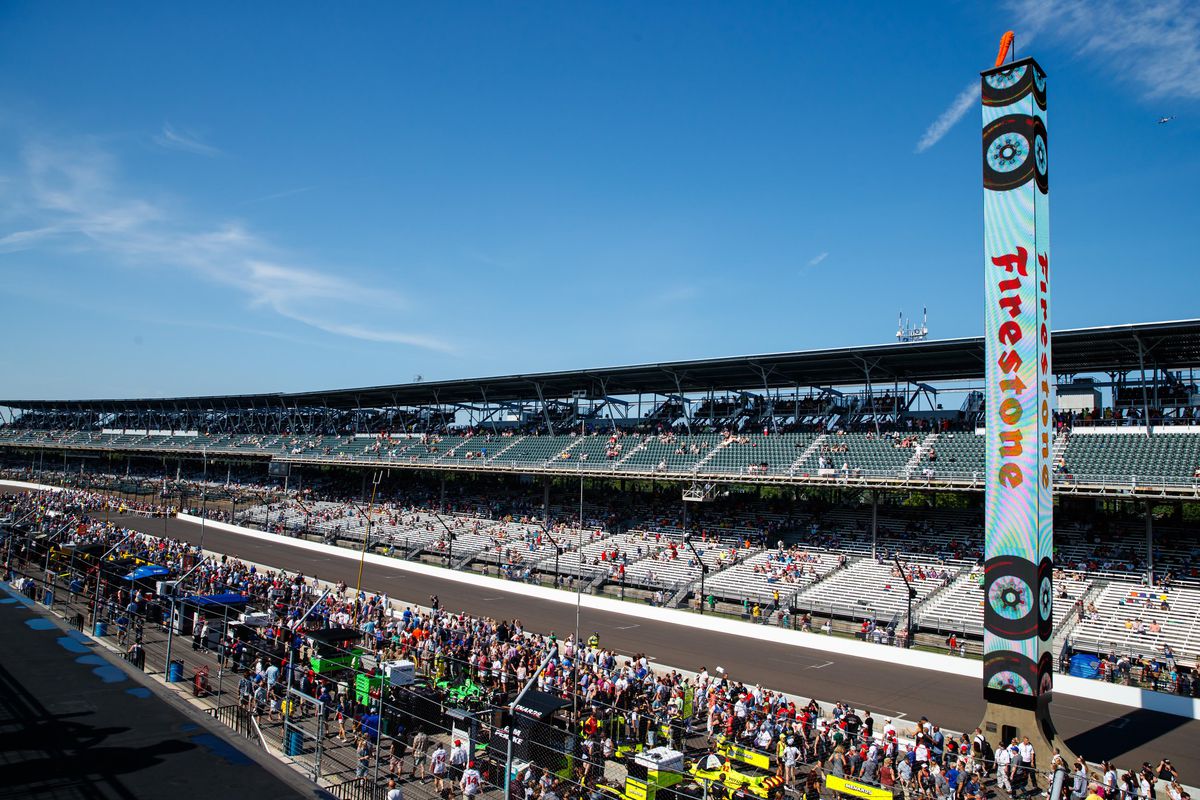 General view of the scoring pylon and front stretch grandstands prior to the 102nd Running of the Indianapolis 500 at Indianapolis Motor Speedway.
