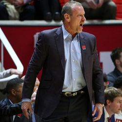 Utah Utes head coach Larry Krystkowiak reacts to a call during the game against the Stanford Cardinal at the Huntsman Center in Salt Lake City on Thursday, Feb. 8, 2018.
