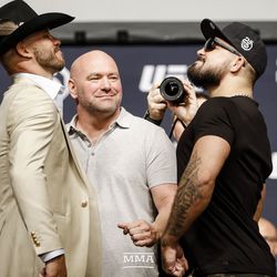 Donald Cerrone and Mike Perry square off at the UFC 25th anniversary press conference.