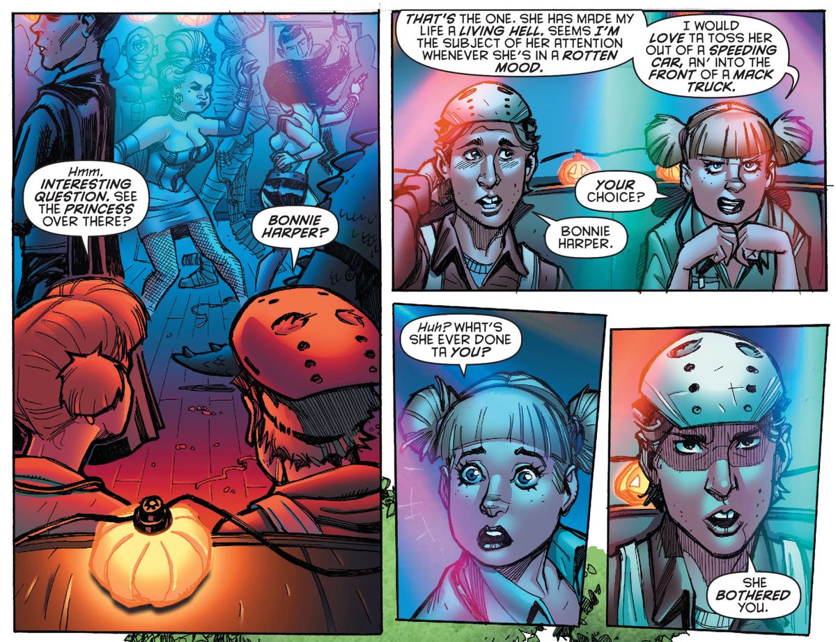 A young Harley Quinn (dressed as a doctor) points our her bully to a young Bernie Bash (dressed as ‘Halloween’ villain Michael Meyers) as the person at the party she’d most like to kill. He says his choice is the same, because “She bothered you,” in Harley Quinn #0, DC Comics (2014).