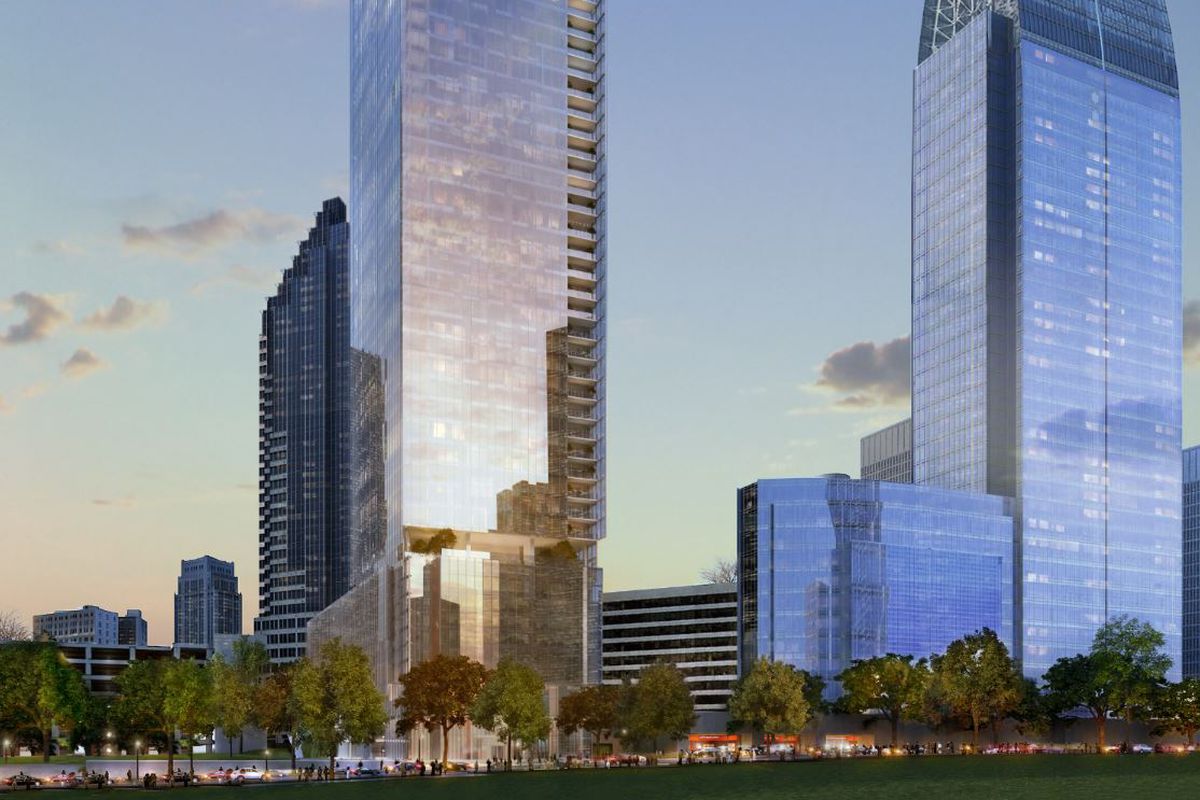 A rendering showing the all-glass 53-story tower next to the curving Symphony Tower.