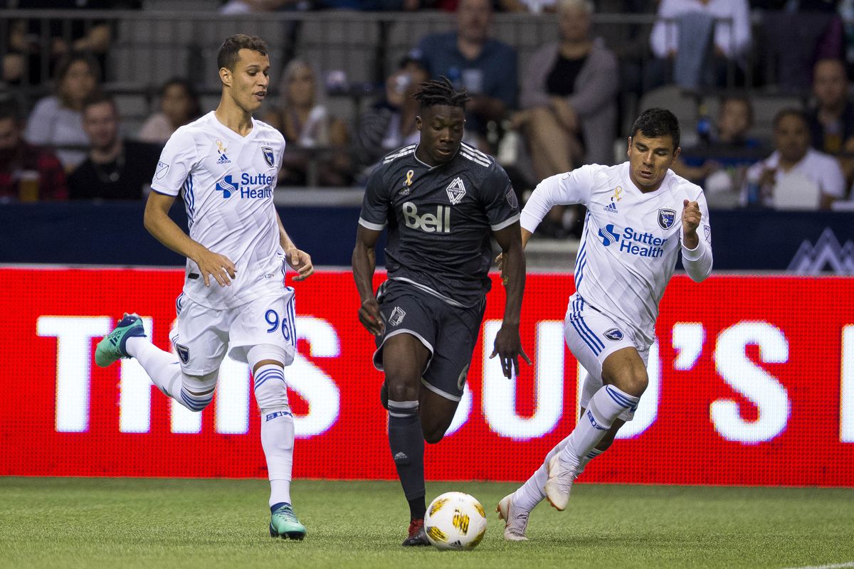 MLS: San Jose Earthquakes defenders chase Vancouver Whitecaps’ midfielder Alphonso Davies on the ball
