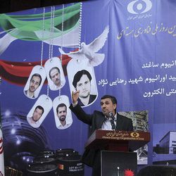 In this photo released by the official website of the office of the Iranian Presidency, President Mahmoud Ahmadinejad, speaks at a ceremony marking Iran's National Day of Nuclear Technology, in Tehran, Iran, Tuesday, April 9, 2013.