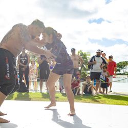 Frank Mir grapples with his daughter Isabella for Bellator Hawaii open workouts.