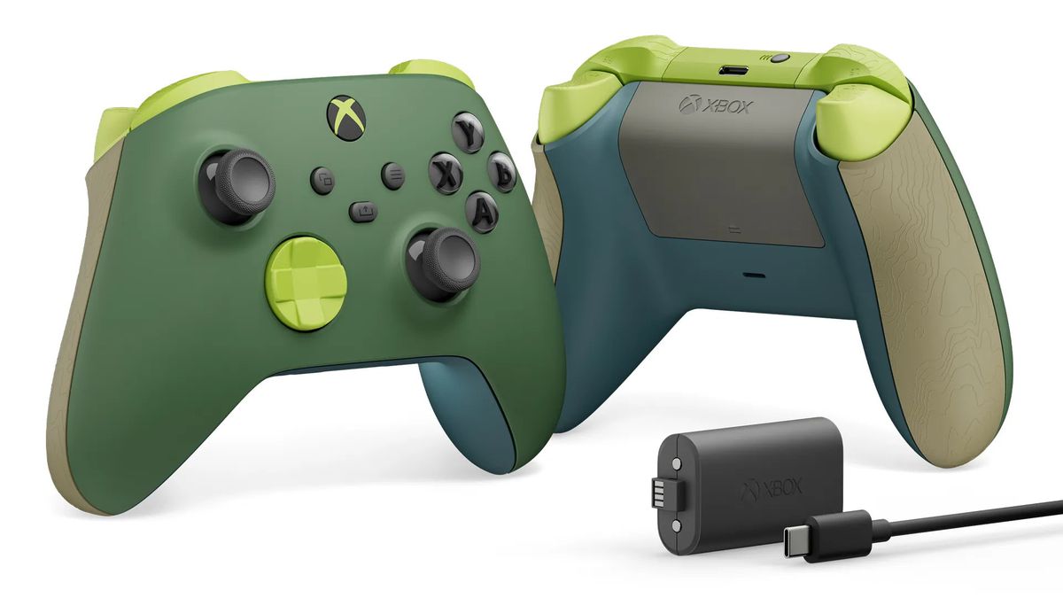 Product shot for the forest green and neon green Xbox Remix Special Edition controller, showing its front and back, plus the included rechargeable battery pack and cable.