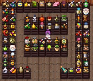 Een screenshot uit een artisan -vallei gemodificeerde versie van Stardew Valley waar een speler staat omringd door tonnen ambachtelijke items