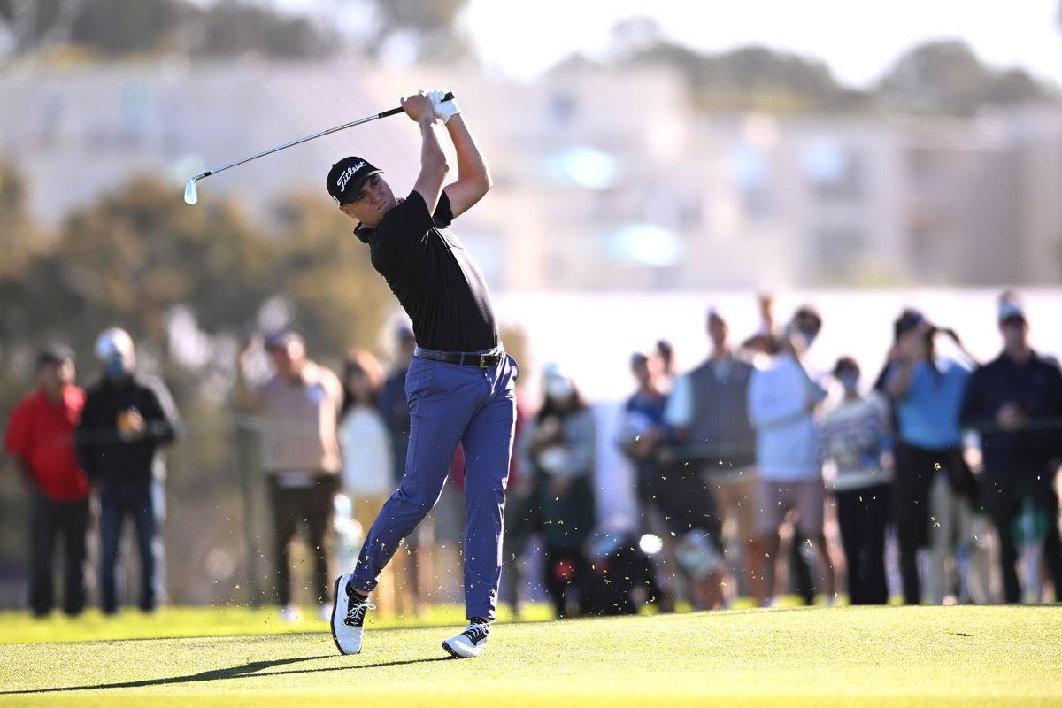 Justin Thomas plays his second shot on the tenth hole during the second round of the Farmers Insurance Open golf tournament at Torrey Pines Municipal Golf Course - North Course.