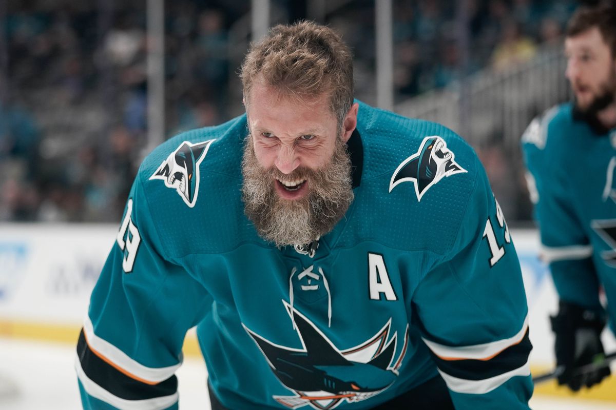 San Jose Sharks center Joe Thornton (19) warms up before the game against the Vegas Golden Knights in game seven of the first round of the 2019 Stanley Cup Playoffs at SAP Center at San Jose.