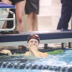 American Fork’s Caleb Wynn celebrates after swimming in men’s 200-yard individual medley at the 6A Swimming State Championships at Brigham Young University in Provo on Saturday, Feb. 19, 2022.