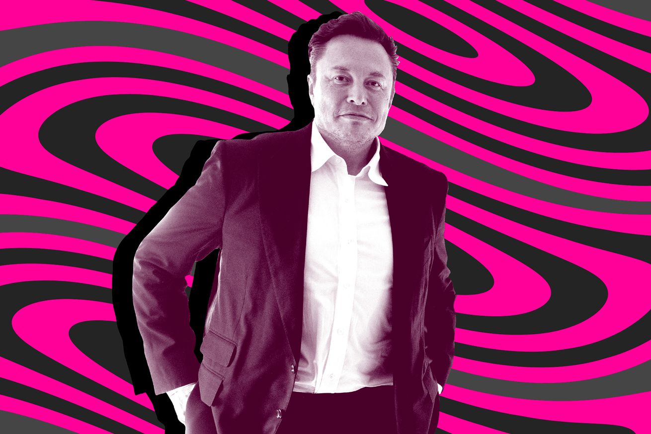 A magenta-hued photograph of Elon Musk against a wavy illustrated background.