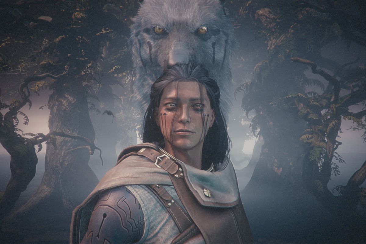 A warrior stands in front of a giant wolf in the teaser trailer for Soulframe