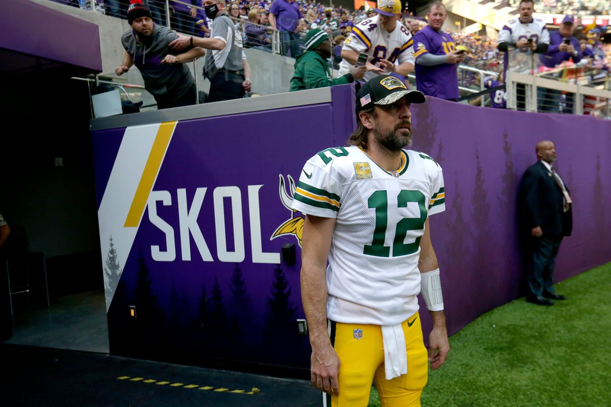 Green Bay Packers quarterback Aaron Rodgers (12) watches the action on field right before halftime during their game Sunday, November 21, 2021 at U.S. Bank Stadium in Minneapolis, Minn.