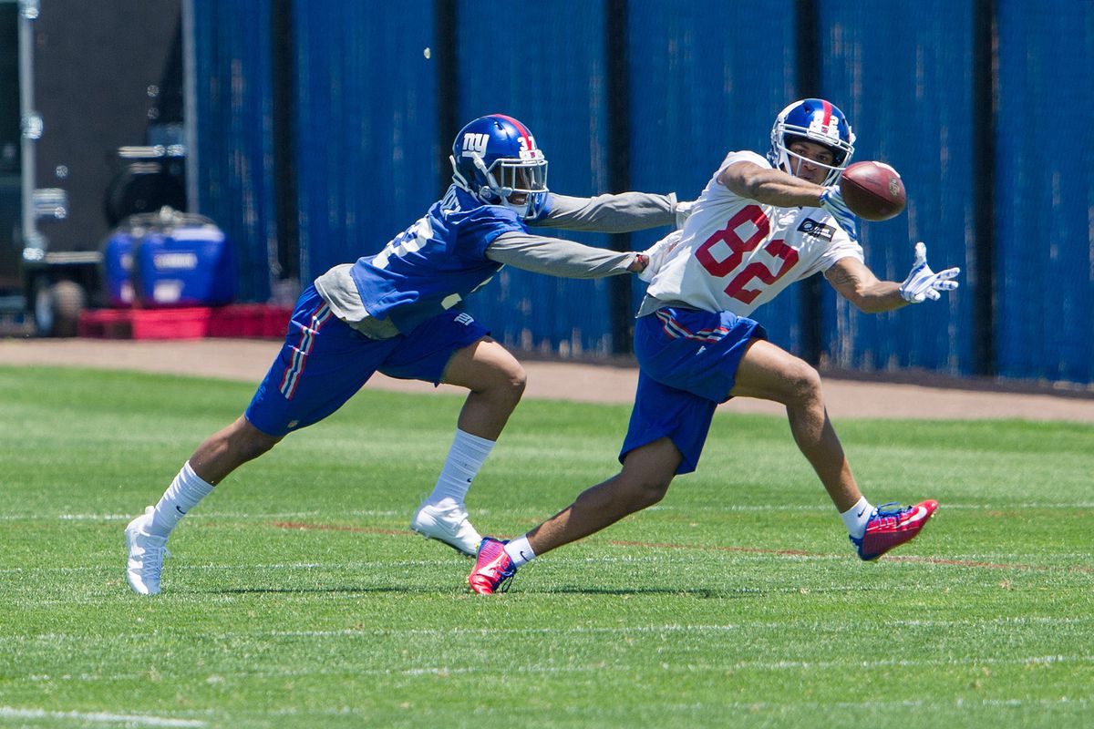 Roger Lewis catches a pass while defended by Leon McFadden