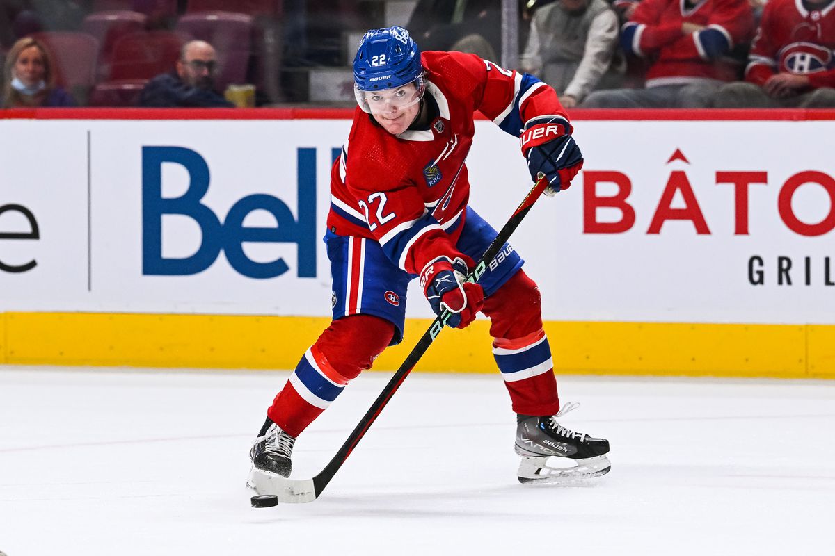 Montreal Canadiens right wing Cole Caufield plays the puck during the Minnesota Wild versus the Montreal Canadiens preseason game on October 25, 2022, at Bell Centre in Montreal, QC