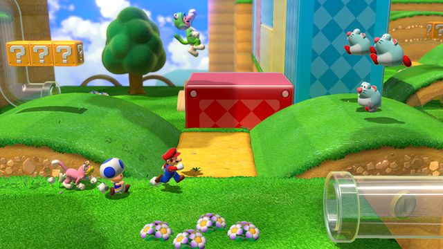 Mario, Toad, and Peach (in a cat suit) run across a level in Super Mario 3D World